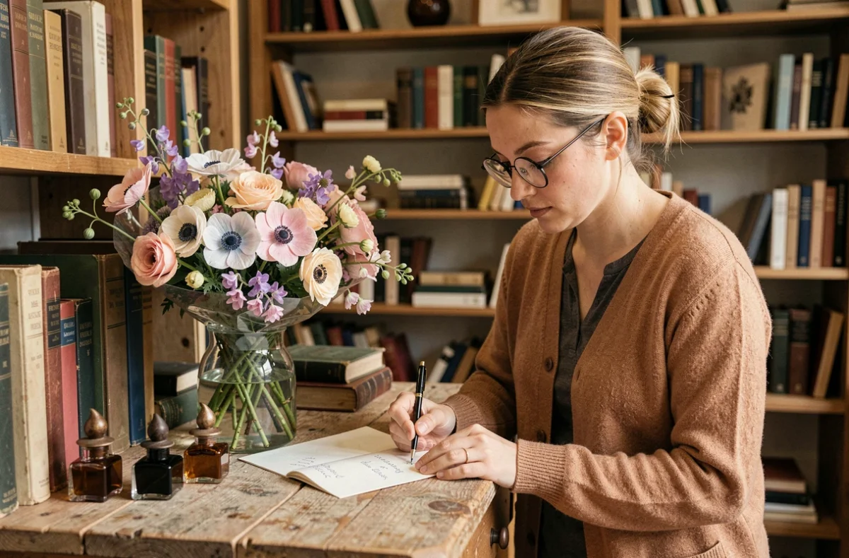 Fleuriste de À Fleur de Mots à Ribérac rédigeant un message manuscrit à côté d'un bouquet d'anémones pastel dans une boutique à l'atmosphère littéraire