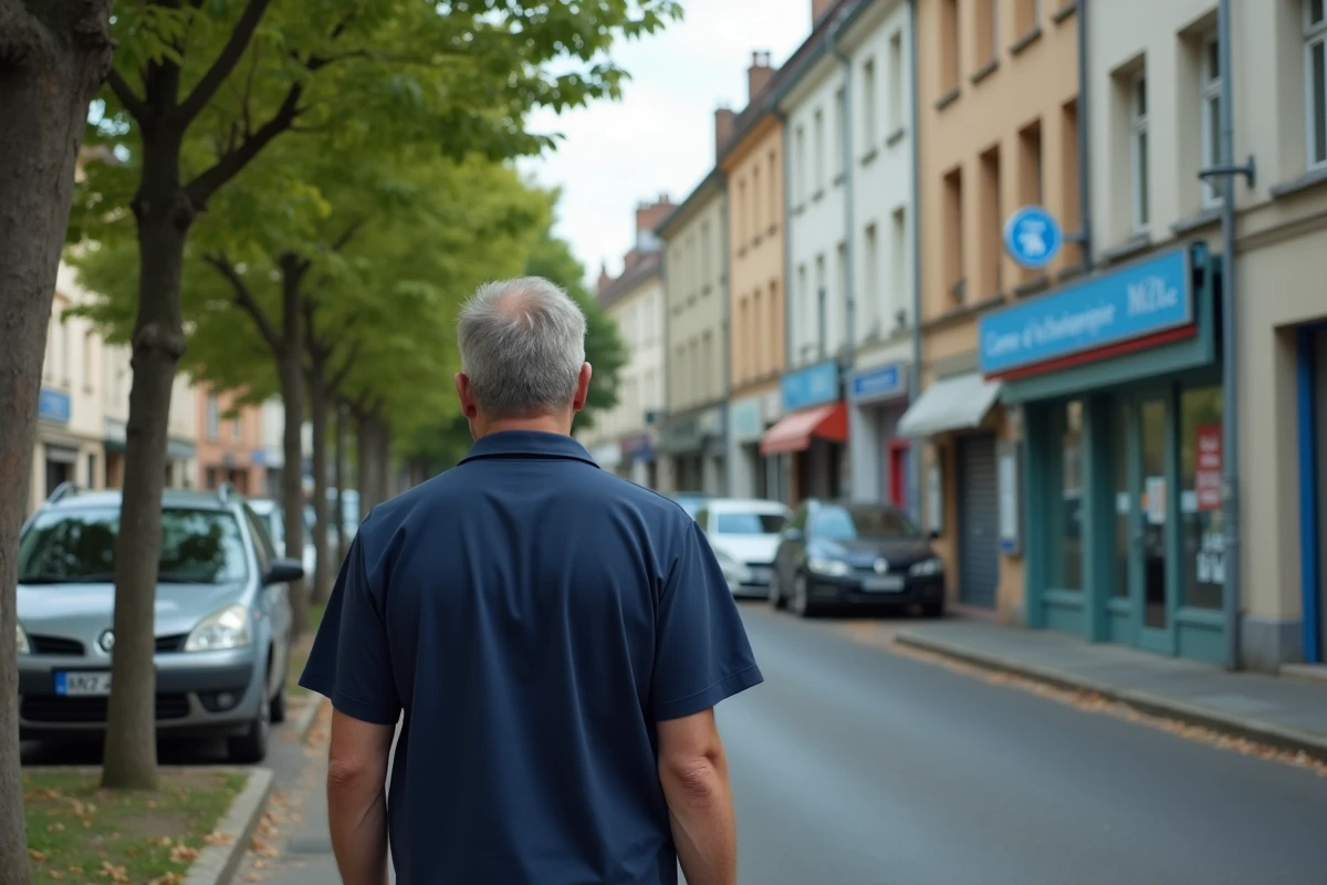 Homme marchant vers un centre d'échographie de proximité dans un quartier résidentiel urbain