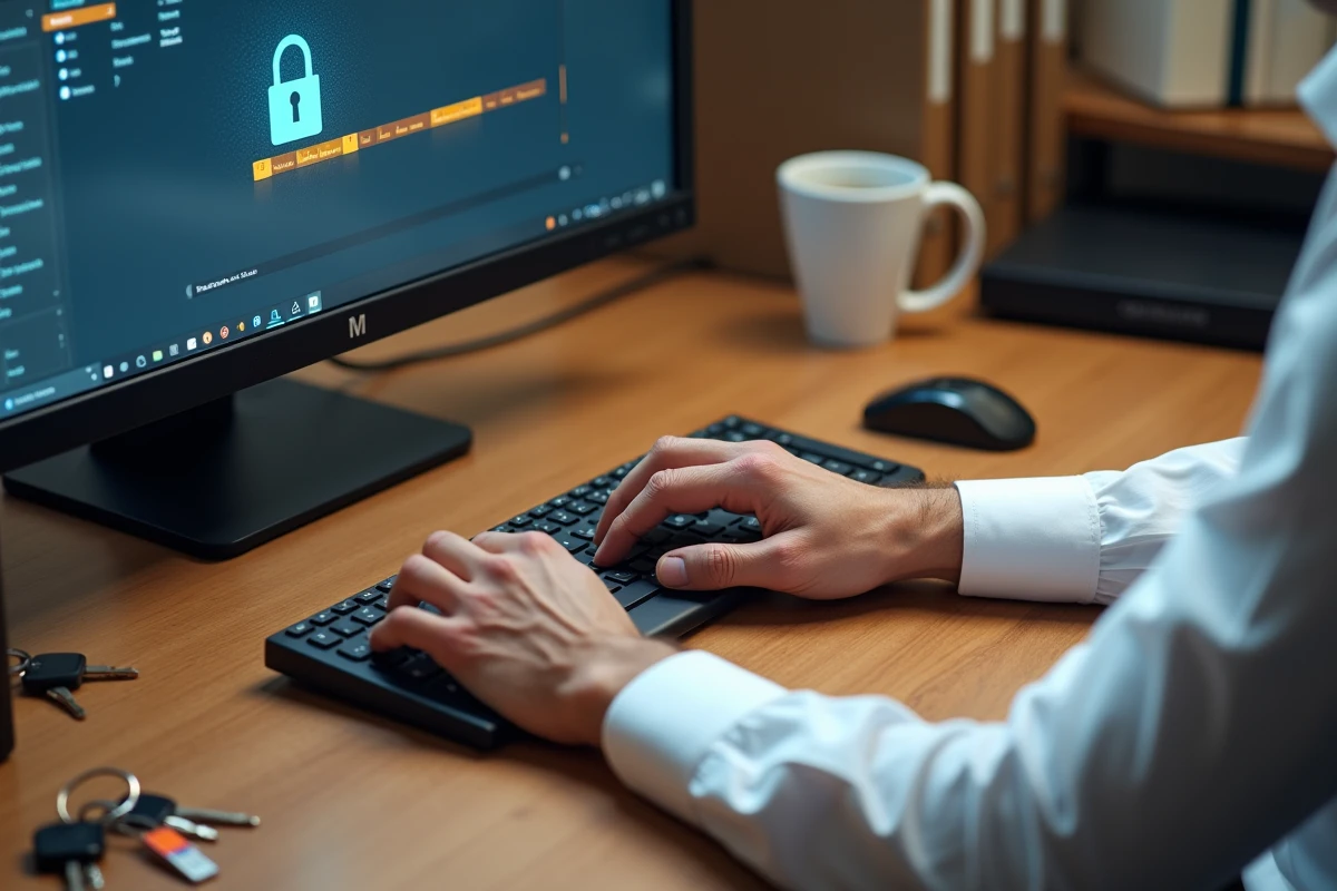 Gros plan sur les mains d'un avocat saisissant un mot de passe sécurisé sur un ordinateur de bureau avec badge d'accès visible