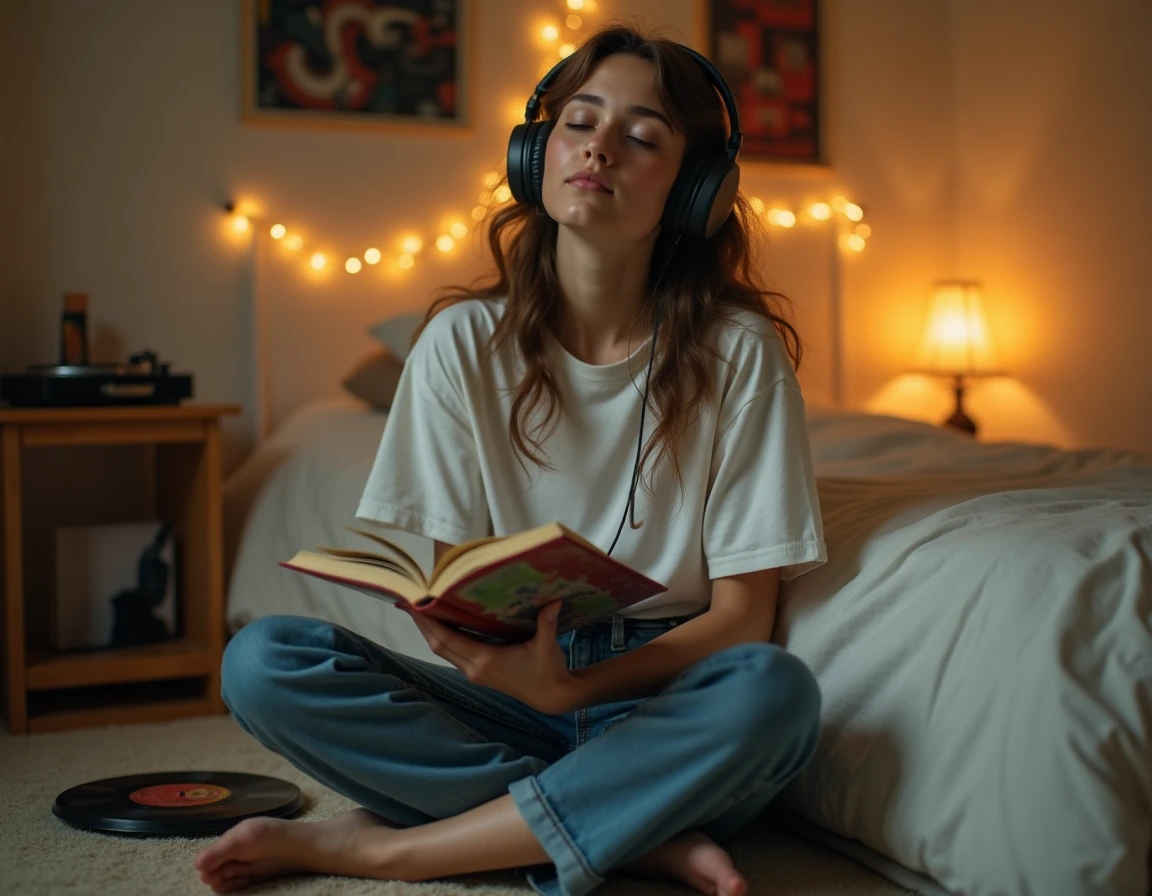 Une adolescente écoute de la musique au casque dans sa chambre décorée d'affiches musicales avec un tourne-disque vintage