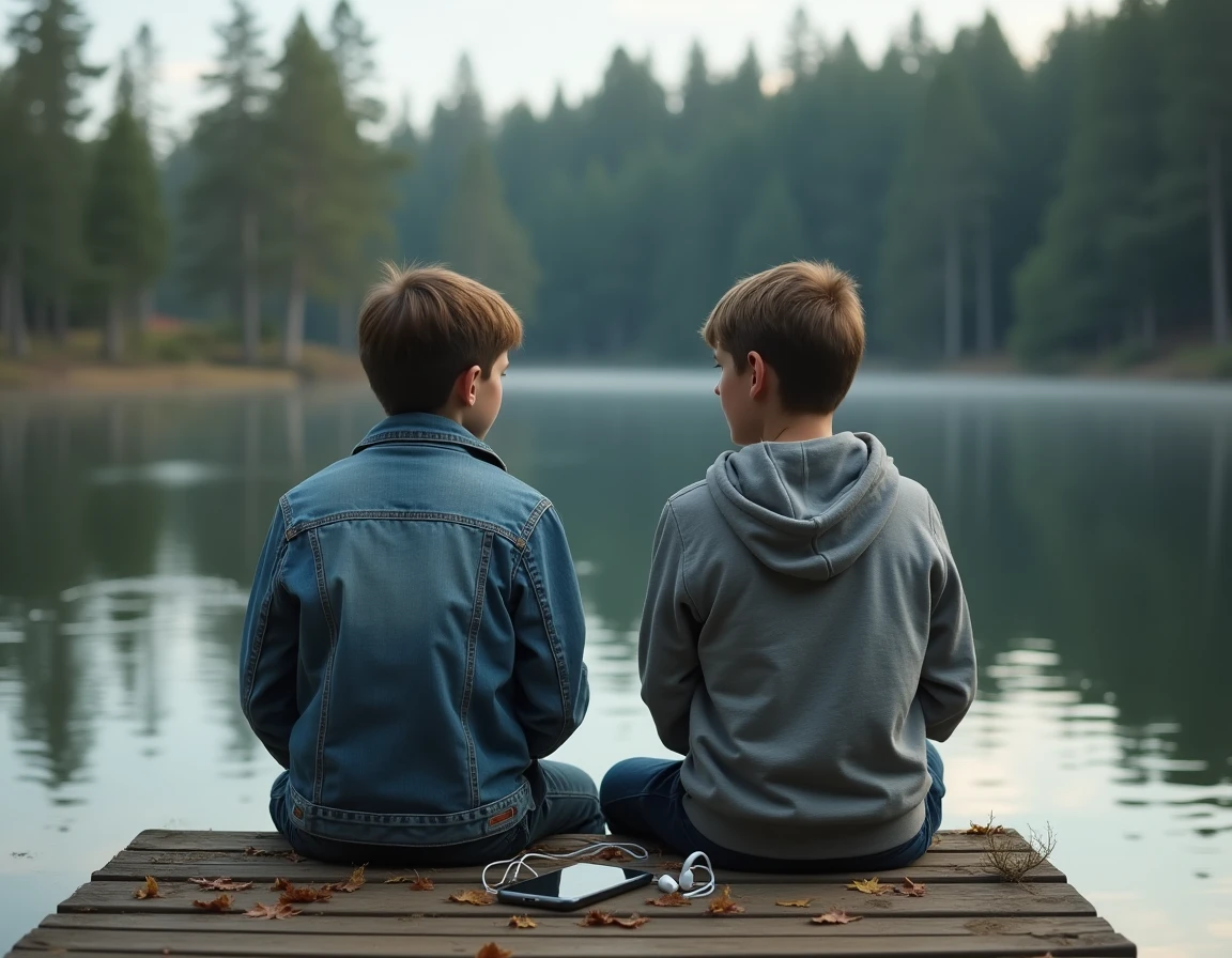Deux adolescents assis sur un ponton en bois partagent des écouteurs et écoutent de la musique ensemble au bord d'un lac calme