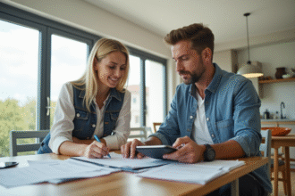 Agent immobilier et propriétaire examinant des documents dans une cuisine lumineuse