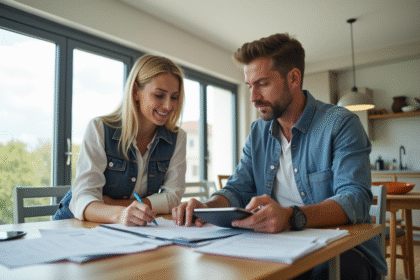 Agent immobilier et propriétaire examinant des documents dans une cuisine lumineuse
