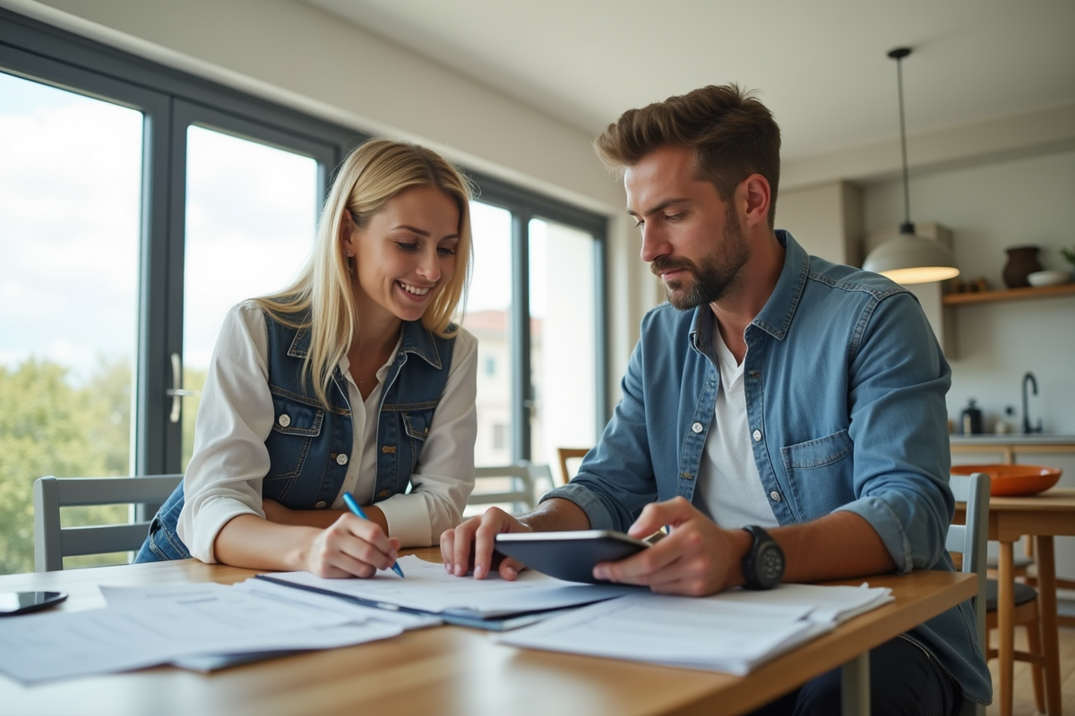 Agent immobilier et propriétaire examinant des documents dans une cuisine lumineuse