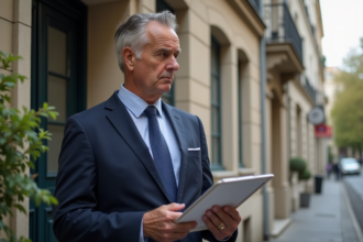 Agent immobilier avec DPE devant immeuble parisien