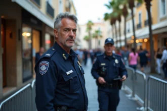 Agent de police en uniforme parle aux civils à Cannes