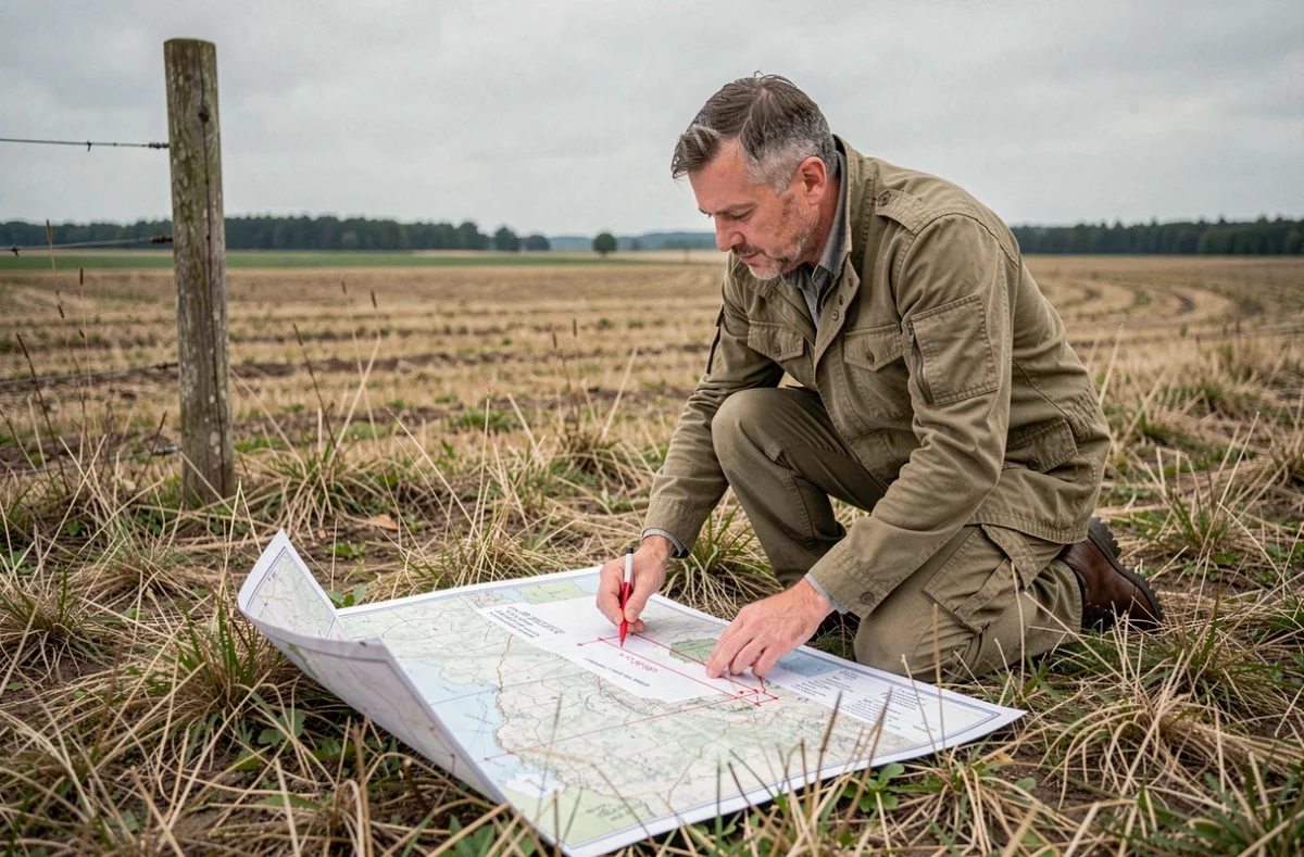 Agronome consultant une carte cadastrale en hectares dans un paysage agricole pour convertir des surfaces en km²