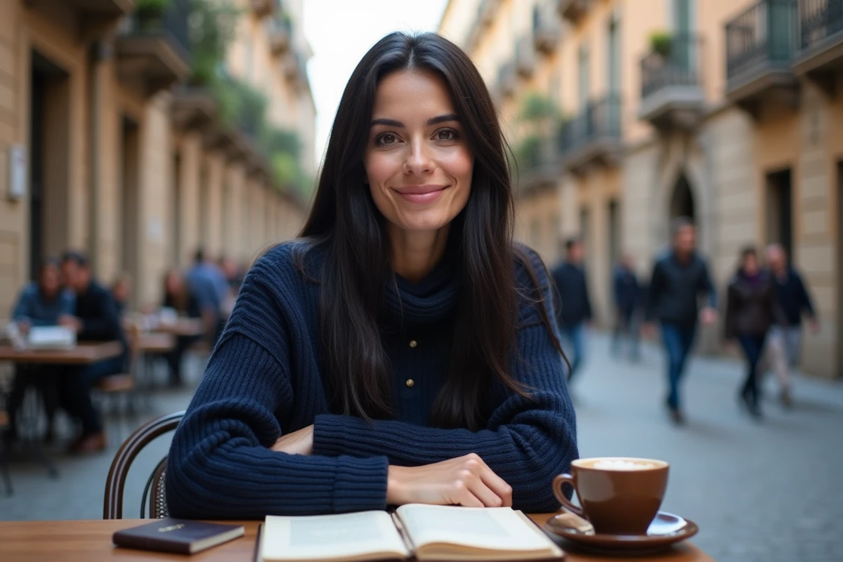 Femme aux traits méditerranéens dans un café européen avec passeport et carnet évoquant un parcours de vie multiculturel