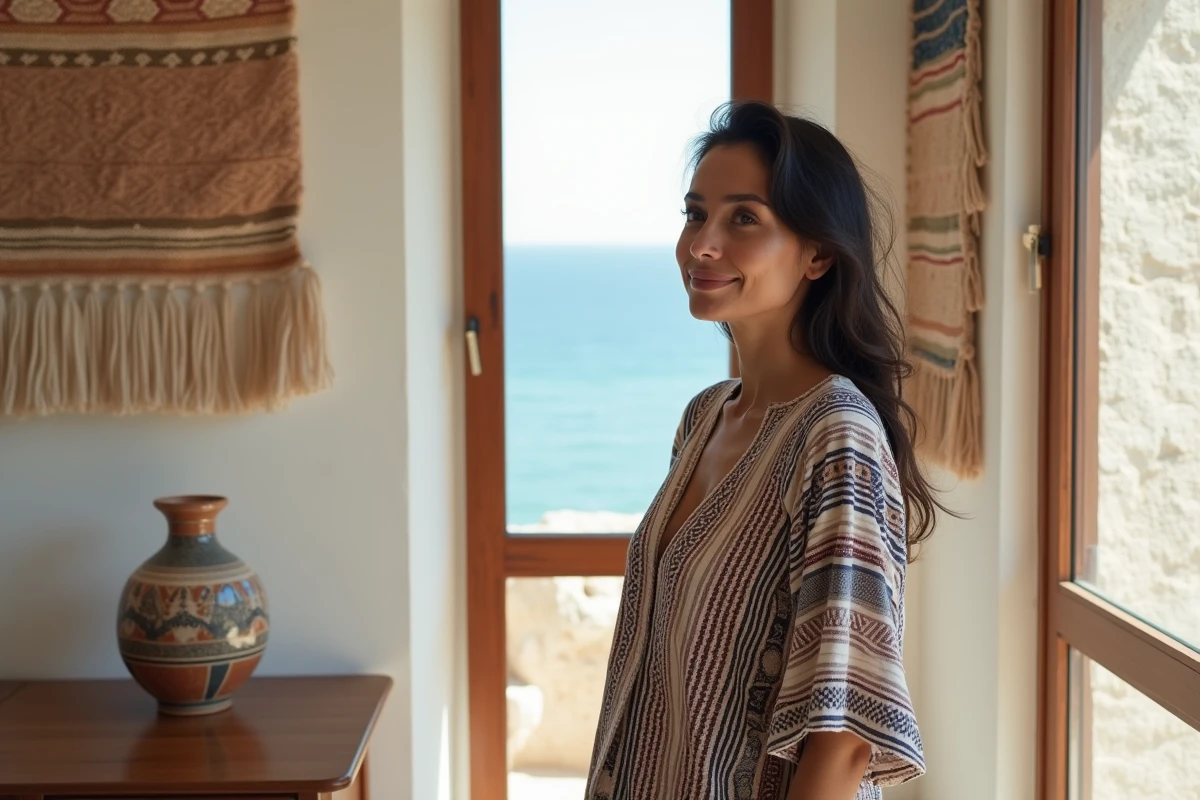 Femme aux origines nord-africaines et méditerranéennes dans un intérieur décoré de textiles multiculturels avec vue sur la côte