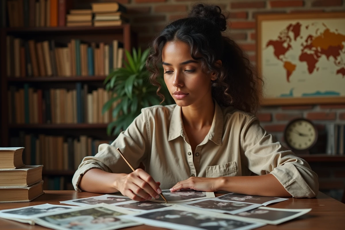 Jeune femme aux origines métissées consultant de vieilles photos de famille dans un bureau chaleureux evoquant ses racines culturelles