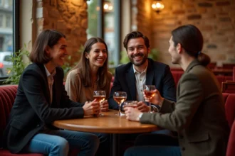 Groupe d'amis souriants dans un bar à Strasbourg