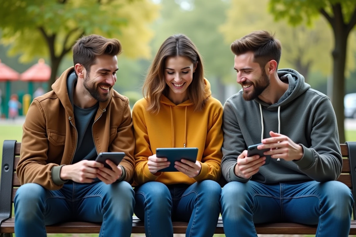 Trois amis discutant autour de tablettes dans un parc