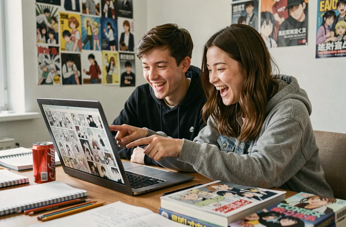 Deux amis étudiants réagissant ensemble à la lecture de scanlations de manga One Punch Man sur ordinateur