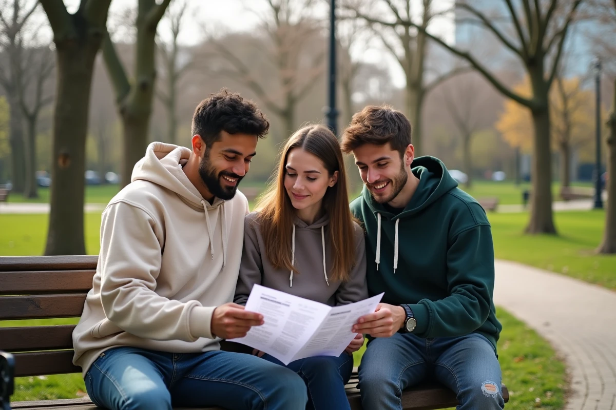 Trois amis discutant de la liste Dofus dans un parc