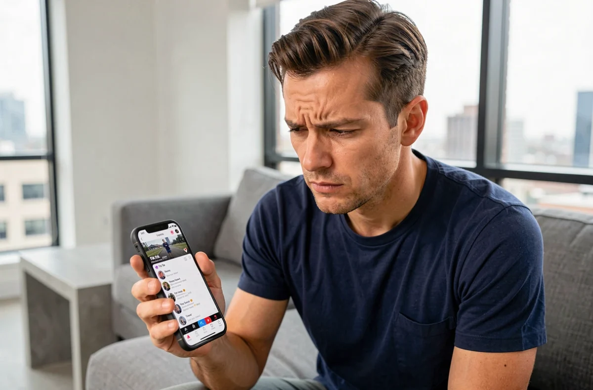 Homme analysant une application de conversion TikTok en MP3 sur smartphone dans un appartement moderne