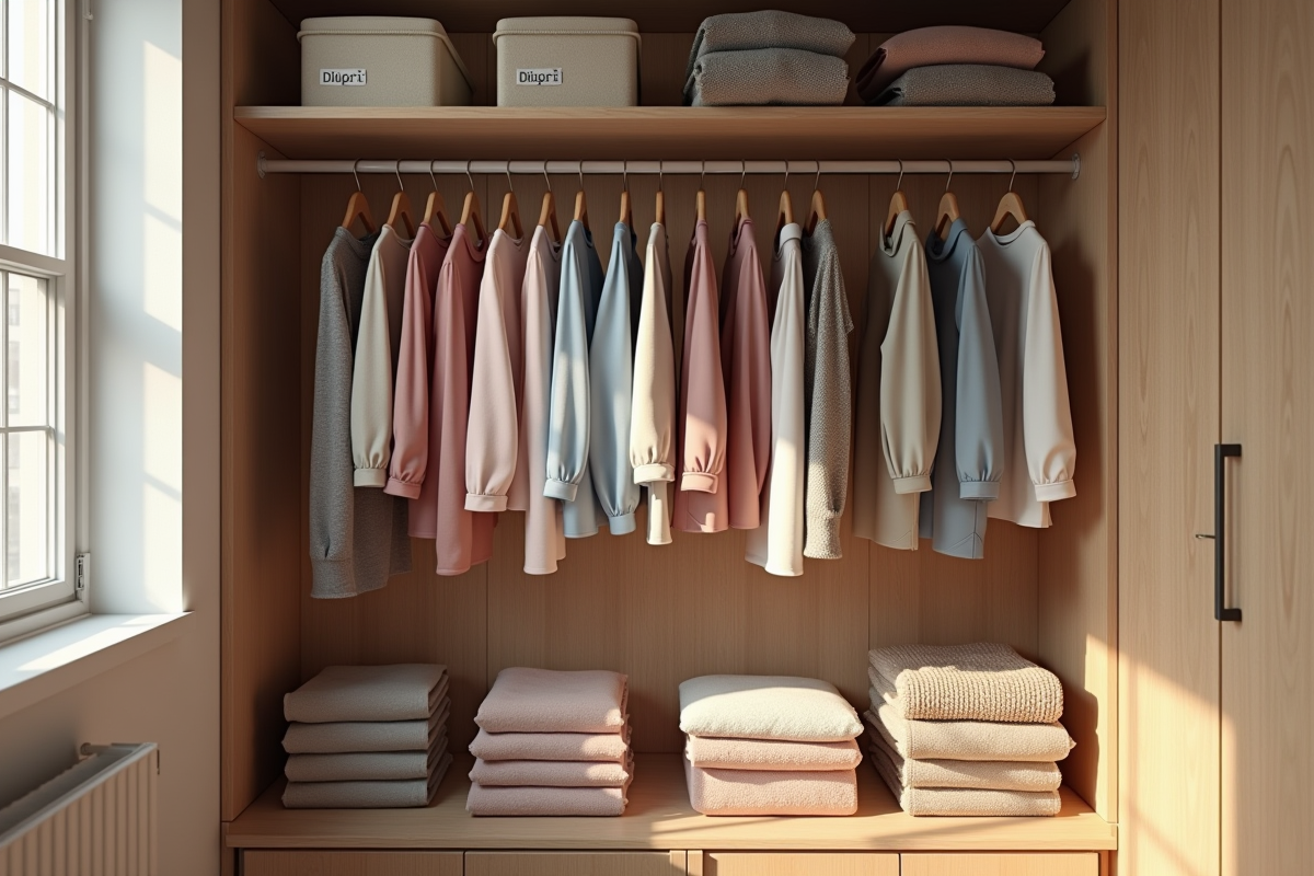 Armoire bien rangee avec vetements couleurs coordonnees