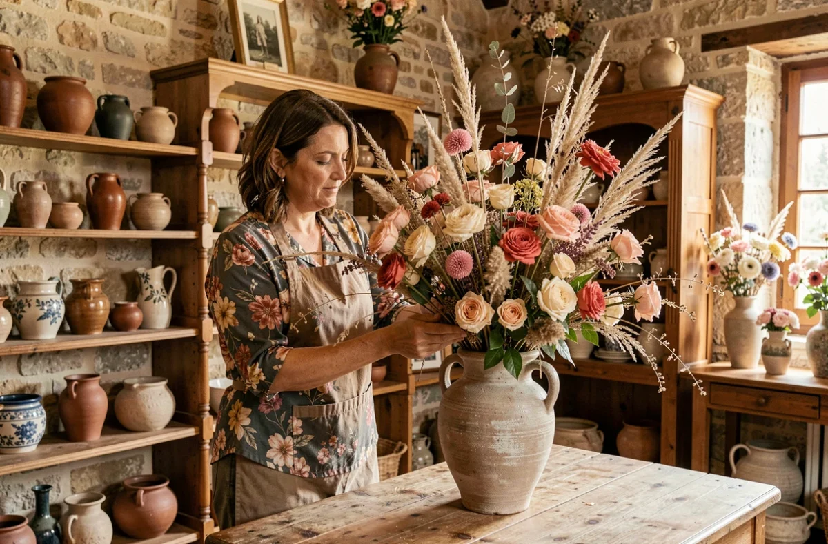 Fleuriste créative d'Art et Fleurs à Sarlat-la-Canéda composant un arrangement artistique de fleurs séchées et roses dans un vase en céramique