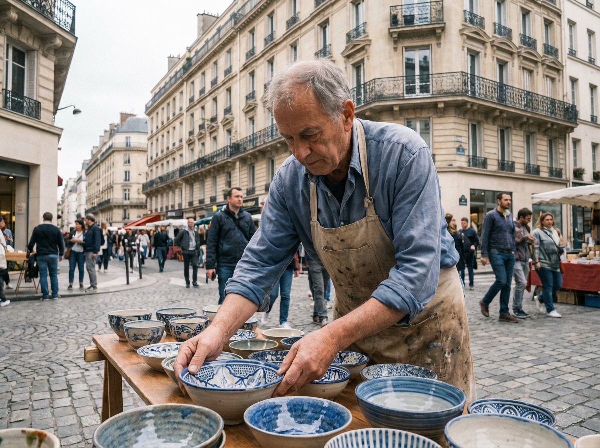 Artisan céramiste âgé exposant ses bols peints en extérieur
