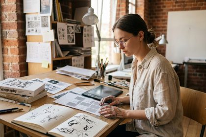 Jeune femme artiste explorant le design graphique à sa table à dessin, entourée de croquis et de livres de typographie dans un studio créatif