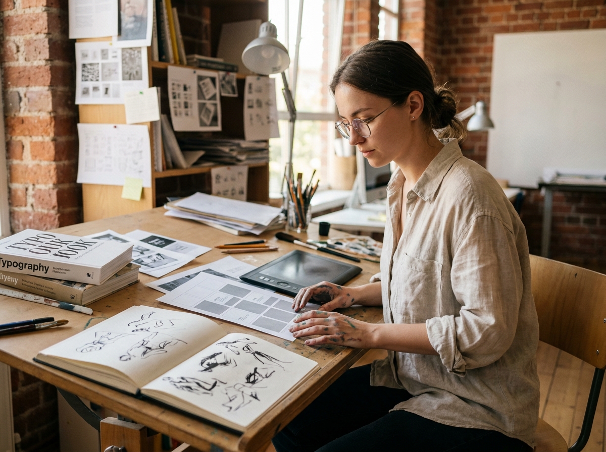Jeune femme artiste explorant le design graphique à sa table à dessin, entourée de croquis et de livres de typographie dans un studio créatif
