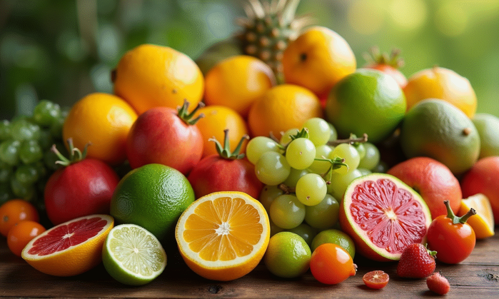 Assortiment de fruits exotiques colorés sur bois naturel