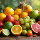 Assortiment de fruits exotiques colorés sur bois naturel
