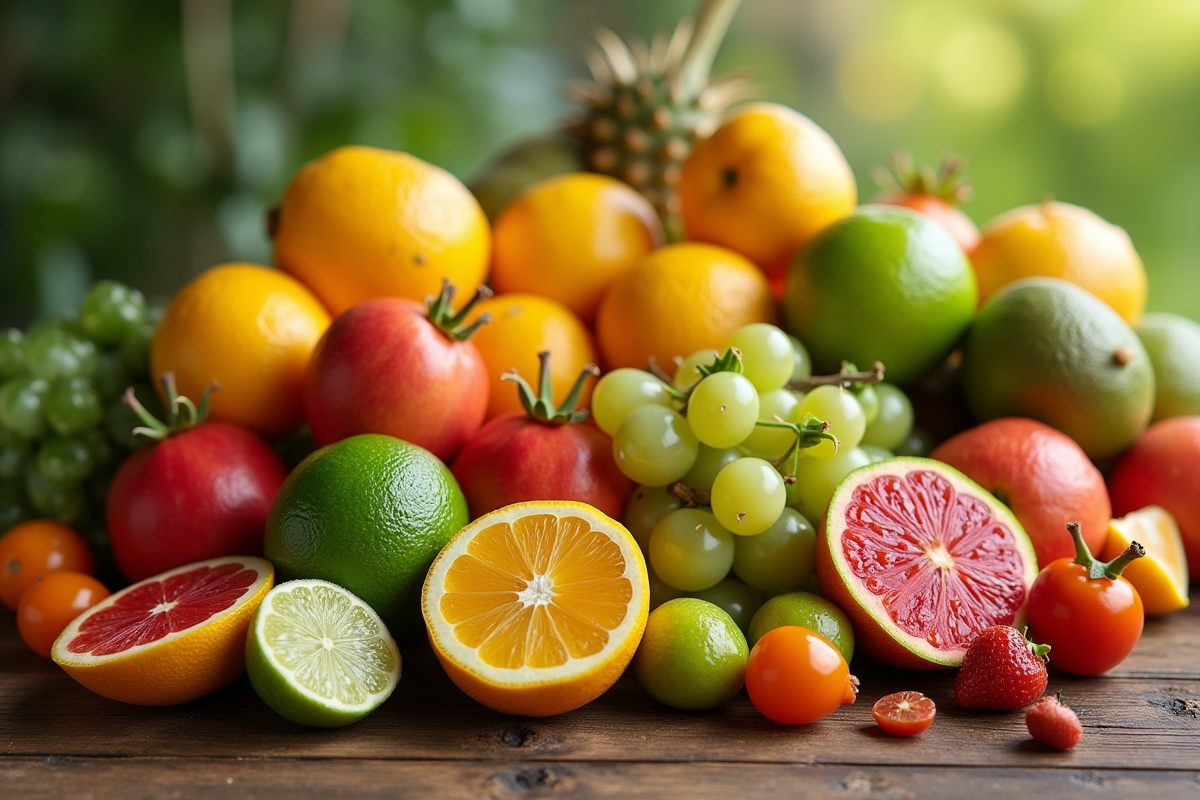 Assortiment de fruits exotiques colorés sur bois naturel