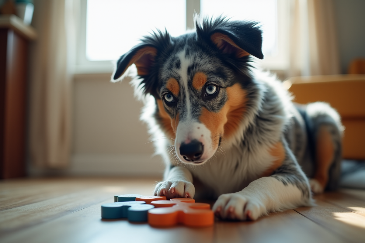 Chien Australian Shepherd intérieur concentré sur un jouet puzzle
