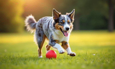 Chien Australian Shepherd bleu merle jouant dehors avec balle rouge