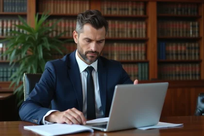 Avocat en costume marine connecté à un portail sécurisé sur son ordinateur portable dans un cabinet juridique