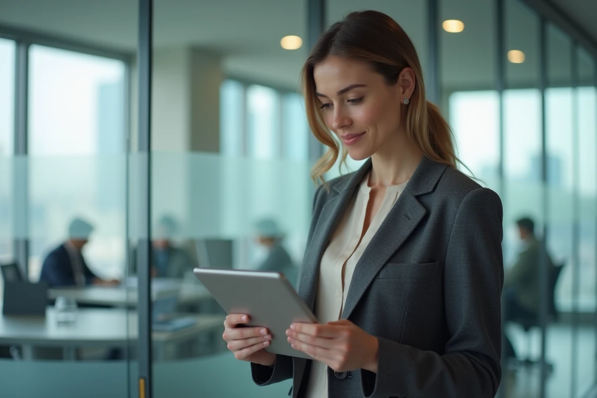 Avocate authentifiant son accès à une plateforme juridique sur tablette dans un open space de cabinet d'avocats moderne