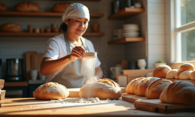 Boulanger au travail dans une boulangerie ensoleillee avec pain frais