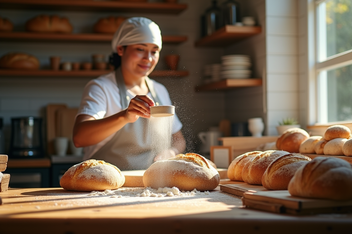 Boulanger au travail dans une boulangerie ensoleillee avec pain frais