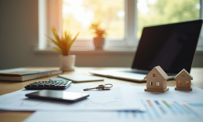 Bureau moderne avec documents financiers et clés immobilières