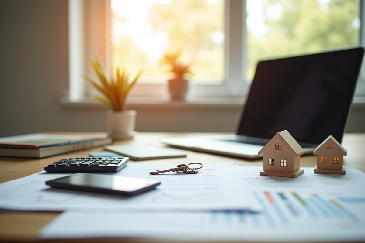 Bureau moderne avec documents financiers et clés immobilières