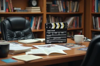 Bureau de production cinématographique avec scénarios et comics Marvel éparpillés, illustrant la rivalité entre Sony et Marvel Studios pour Amazing Spider-Man 3