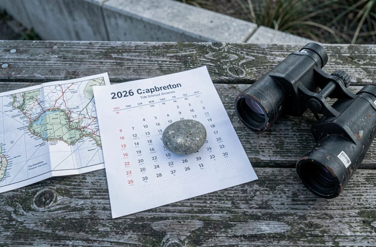 Calendrier des marées de Capbreton 2026 imprimé posé sur une table en bois avec carte nautique et jumelles