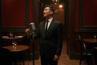Chanteur français en costume noir années 60 devant un micro vintage dans un cabaret parisien