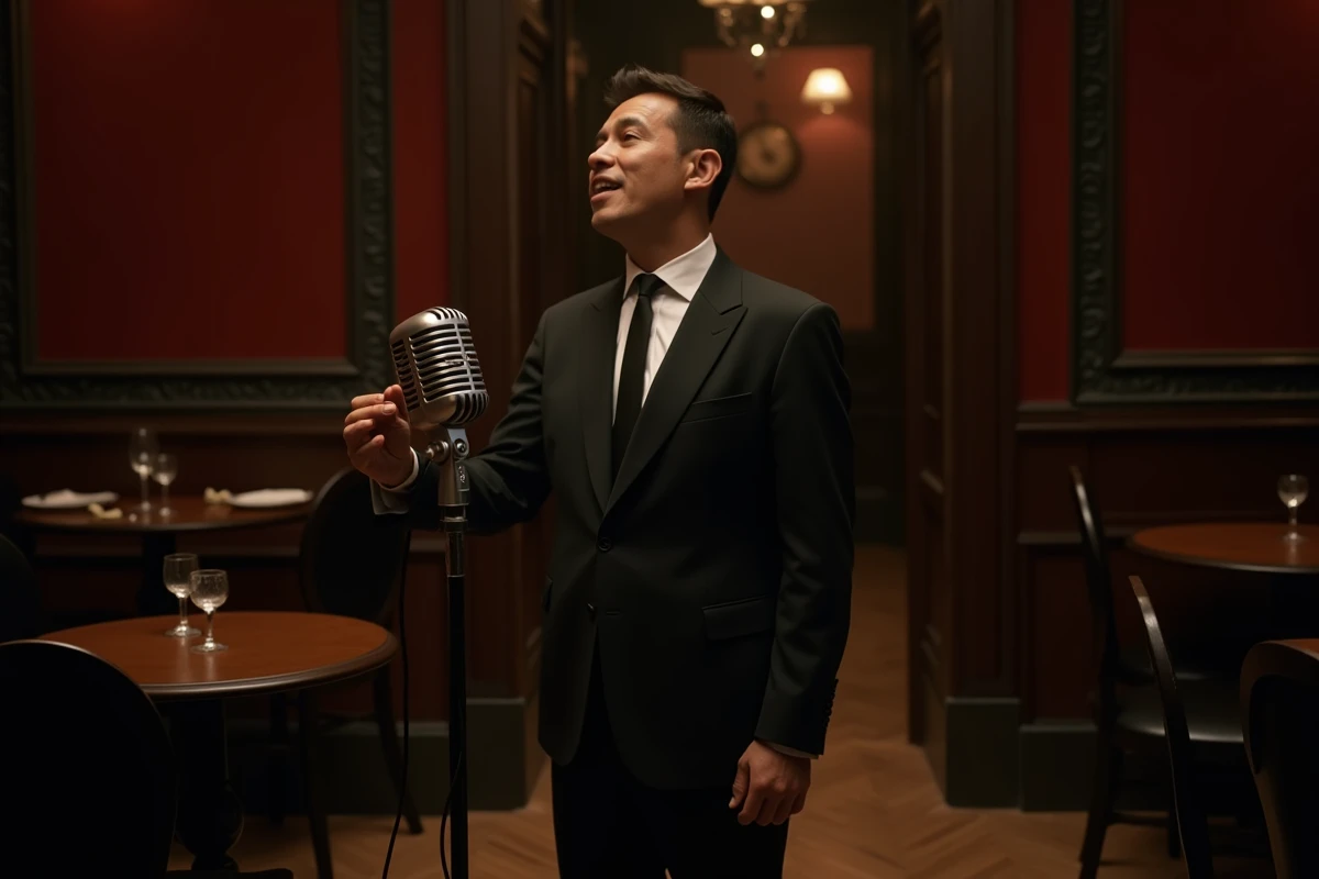 Chanteur français en costume noir années 60 devant un micro vintage dans un cabaret parisien