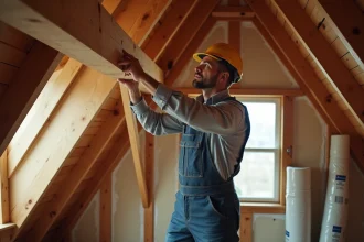 Charpentier dans un grenier en rénovation avec isolation