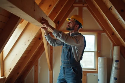 Charpentier dans un grenier en rénovation avec isolation