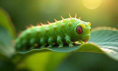 Gros plan d'une chenille sphinx verte sur une feuille ensoleillée
