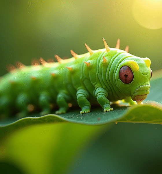 Gros plan d'une chenille sphinx verte sur une feuille ensoleillée