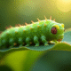 Gros plan d'une chenille sphinx verte sur une feuille ensoleillée