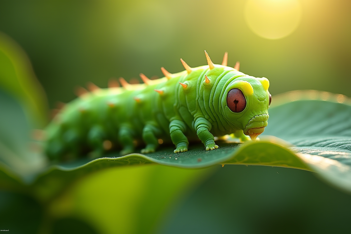 Gros plan d'une chenille sphinx verte sur une feuille ensoleillée