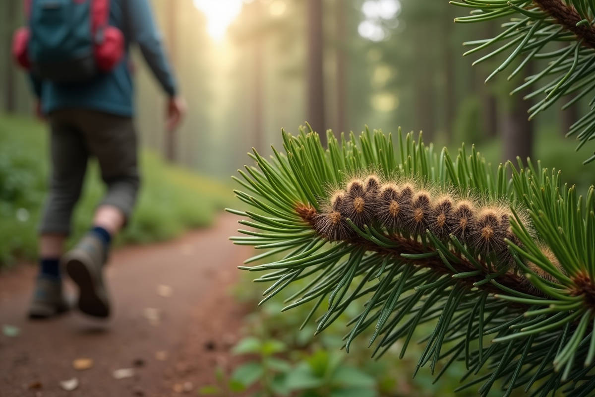 Gros plan sur des chenilles processionnaires sur une branche de pin en plein jour