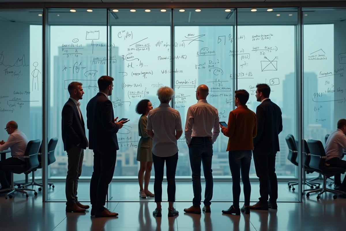 Groupe de chercheurs discutant devant un tableau de formules mathématiques