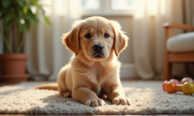 Chiot golden retriever dans un salon ensoleille
