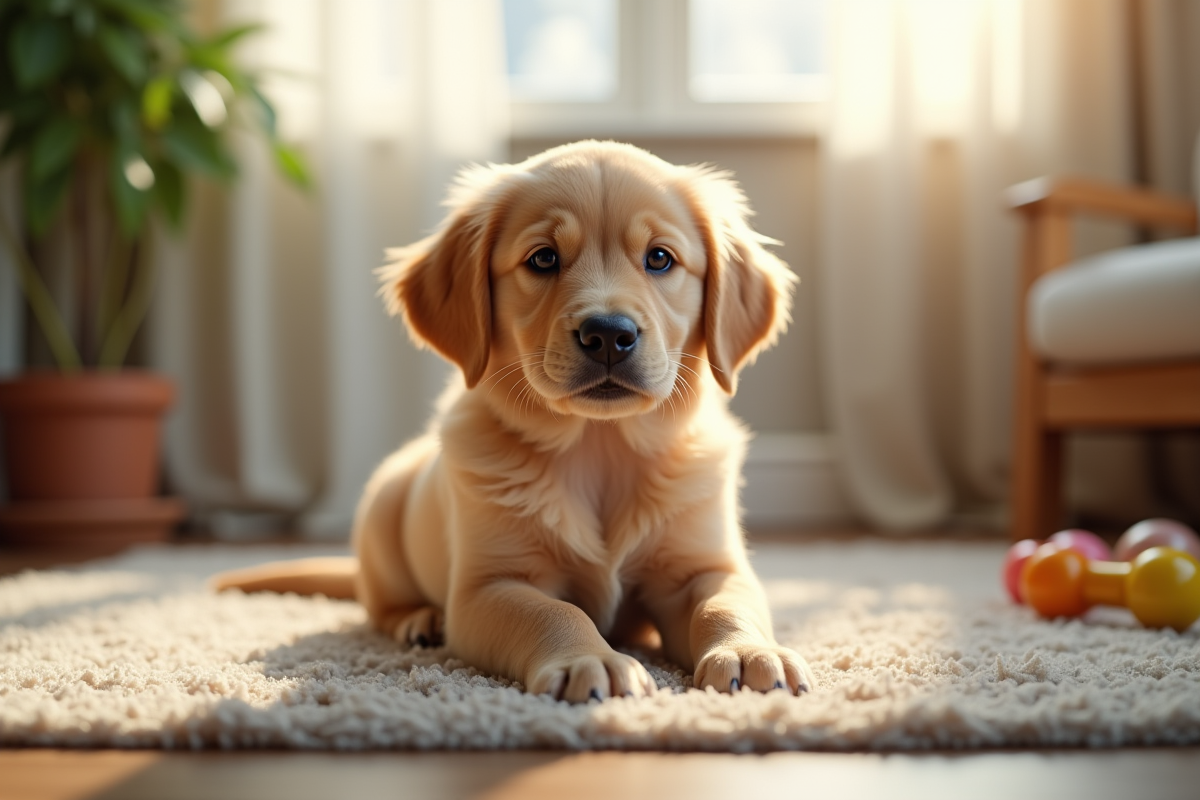 Chiot golden retriever dans un salon ensoleille
