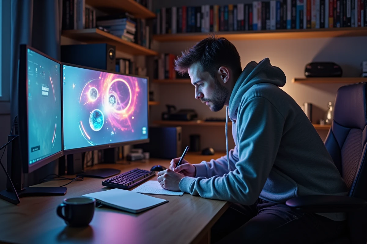 Gamer prenant des notes sur la Sphère de Peinture de Clair Obscur devant son écran de jeu